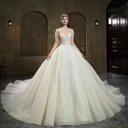 bling Bridal Gowns Wed Dresses Wed New Wedding Dresses Tulle o Neck A Line Formal Long Sleeve Applique Sweep Train White Ivory Lace Up Plus Size Custom shiny wed gown