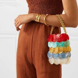 Evening Bags Designer Luxury Women Pure Natural Shell Flakes Golden Bead Chain Woven Bag Clutch Female Holiday Handbag 230729