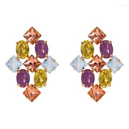 Stud Earrings Retro Shiny Statement Geometric Deep Colorful Glass Gold Color For Women Girls Fashion Jewelry Wholesale