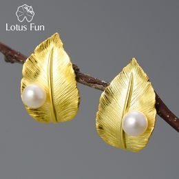 Stud Lotus Fun 18K Gold Natural Pearl Unusual Leaf Earrings for Women Original Real 925 Sterling Silver Luxury Fine Jewellery 230729