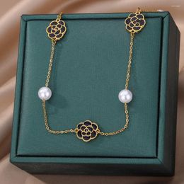 Pendant Necklaces Rose Flower Necklace For Women Gold Plated Imitation Pearls Chain Stainless Steel Flora Aesthetic Jewellery Gift