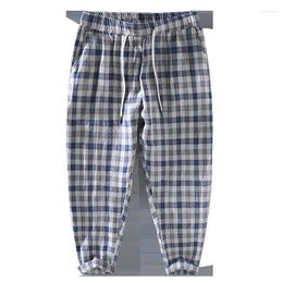 Men's Pants Japanese Solid Colour Plaid Casual Trend Elastic Waist Lace Up Cropped Versatile Loose Size