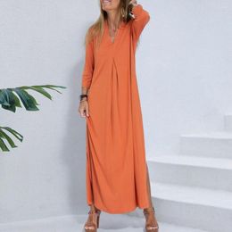 Casual Dresses Pleated Dress Women Solid Color Stylish V Neck Maxi Soft Knitted Fabric Sleeves Side Split For Breathable