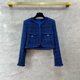 C1013 luxo azul royal novo casaco de tweed xadrez listrado resistente com umbigo exposto feito à mão cardigã curto