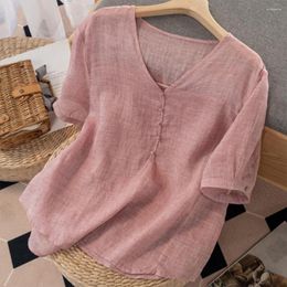 Women's Blouses Elegant Women Summer Thin Top V Neck Short Sleeves Quick Dry Buttons Ramie Loose Lady T-shirt Female Clothes Blusas