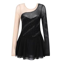 Stage Wear Women Figure Ice Skating Dress Long Sleeve Mesh Splice Ballet Gymnastics Leotard For Performance Competition Dance Cost315g