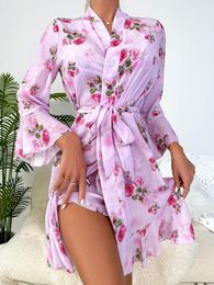 Women's Sleepwear Sexy Printed Split Deep V Lace Back Hollowed Out Temptation Sling Nightdress Robe Two-piece Home Service Suit