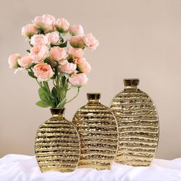 Vases Nordic Style Golden Ceramic Vase Creative Home Decoration Electroplating Desktop Ornament Flower Arranging Device