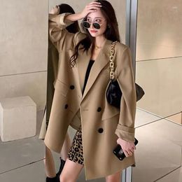 Women's Suits Khaki Casual Blazer Women 2023 Fashion High Street Double Breasted Blazers Ladies Chic Loose Pockets Office Jackets