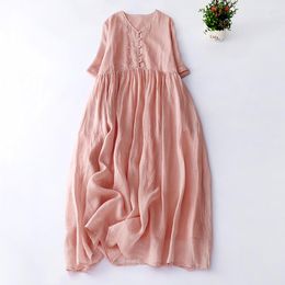 Casual Dresses 2023 Two Layers Embroidery Floral Vintage Spring Summer Dress Office Lady Work Fashion Women Pink Midi