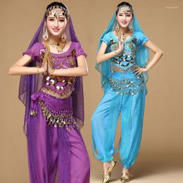 Stage Wear Dance Costume Set Sari Bollywood Belly Performance Chiffon Top Belt Pant