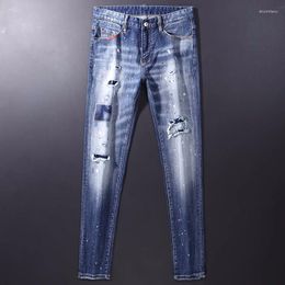 Men's Jeans Fashion Designer Men High Quality Retro Blue Plain Washed Elastic Slim Fit Ripped Painted Hip Hop Brand Pants