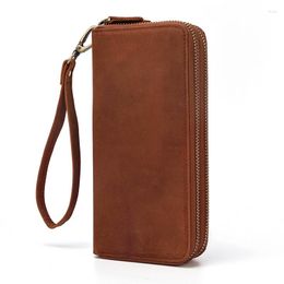 Wallets Genuine Leather Men's Wallet Crazy Horse Long Double Zipper Men Clutch Purse Cell Phone Bag 24 Card Holder