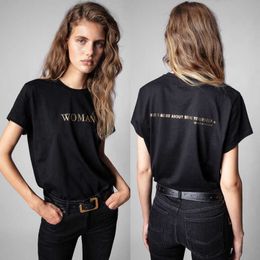 23ss Дизайнерские футболки Tide Zadig Voltaire футболка дизайнерская классическая буквенная женщина с бронзовым принтом черные женские топы с круглым вырезом с короткими рукавами хлопковые футболки Лето