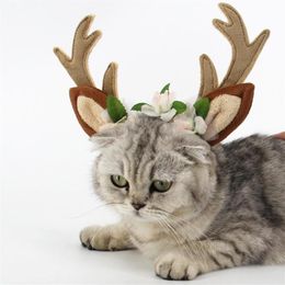 Cat Costumes S M L Christmas Reindeer Hat Short Plush Silk Flower For Puppy Kitten Pets Accessories Holiday Decoration271V