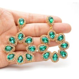 Dangle Earrings Shine Emerald Color Rose Gold Rhinestone Clay Paved Round Circle Sun Flower Shape Fashion Women