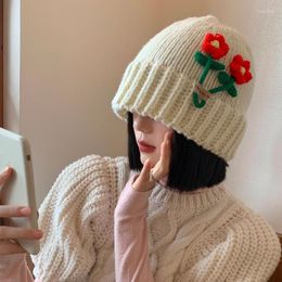 Berets Flower Knit Women's Hats Winter Korean Cute Face Show Small Japanese Department Big Head Around Warm All-match Beanie Hat