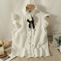 Women's Blouses Sweet Standing Neck Bow Blouse 2023 Summer Wood Ear Design Sleeveless Chic Casual White