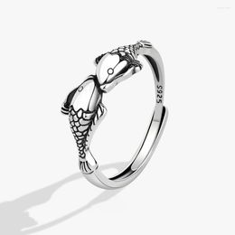 Cluster Rings 925 Silver Colour Unique Design Retro Fish Ring For Women Jewellery Finger Adjustable Open Party Birthday Gift