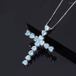 Chains Exquisite 925 Sterling Silver Chain Blue Heart High Carbon Diamond Cross Pendant Necklace For Women Luxury Jewellery