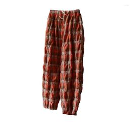 Women's Pants Wide Baggy Low Crotch Cheque Plaid Pant Women Folk Yarn Dyed Cotton Cross