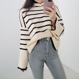 Women's Sweaters Korean Split Striped Turtleneck Sweater Thicken Cashmere Knit Pullover Long Sleeve Top Loose Knitwear Jumper Streetwear