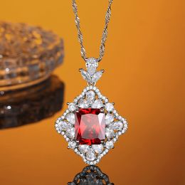 S925 Sterling Silver High Quality Square Ruby Zircon Rhombus Pendant Necklace Female Noble Clavicle Chain Temperament Jewelry
