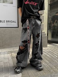 Mens Jeans Distressed Black Washed Denim Jeans American Style Retro Wide Leg Pants for Men and Women Harajuku Style Hip Hop Trousers 230729