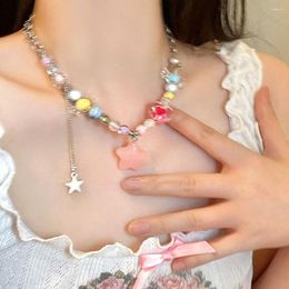 Chains Fresh Design Colourful Stone Love Heart Beaded Necklace For Women Personality Simple Cool Girl Clavicle Chain Fashion Jewellery