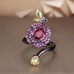 Wedding Rings Charm Rose Red Stone Big Flower For Women Black Gold Color Female Luxury Zircon Cocktail Ring Bands Party Jewelry