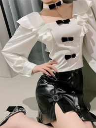 Women's Blouses French Renaissance Retro Elegant Woman Slim Ruffles Puff Sleeves White Shirt Harajuku Sweet Girl Bow Folds Y2K Blouse Women