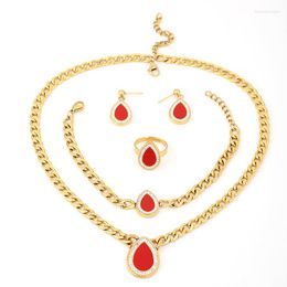 Necklace Earrings Set 316L Stainless Steel Cuban Chain Bracelet Red Water Drop Ring With Zircon Jewelry