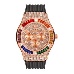 MISSFOX Life Waterproof Quartz cwp Mens Watches Square Colourful Diamond Refined Zircon Silicone Strap Male Wristwatches274f