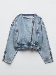 Women's Jackets Zach AiIsa Fashion Design Sense Zipper Long Sleeve Washed Effect Denim Texture Retro High Waist Jacket Coat