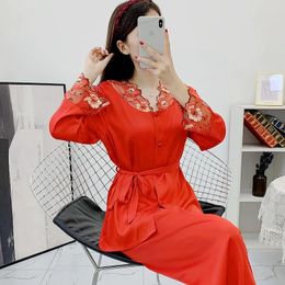 Women's Sleepwear Solid Colour Sexy Lace Embroidered FlowerSingle Breasted V Neck Women Sleeping Clothes Set Satin Pyjamas Suit