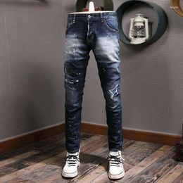 Men's Jeans High Street Fashion Men Retro Blue Elastic Slim Fit Ripped Buttons Trousers Vintage Designer Brand Pants Hombre