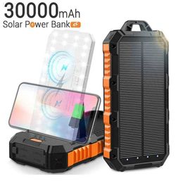 Cell Phone Power Banks 30000mAh Solar Power Bank Qi Wireless Charger Powerbank for iPhone 13 12 Samsung Xiaomi Poverbank with Camping Light Phone Stand L230728