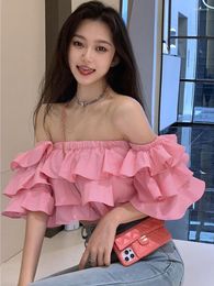 Women's Blouses Korean Off Shoulder Fashion Woman Blouse Stacked Ruffles Crop Top Shirt Summer Designer Short Sleeve Chiffon Sexy 2023