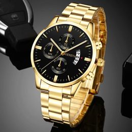 Wristwatches Fashion Men Gold Stainless Steel Watch Luxury Calendar Quartz Wrist Watch Mens Business Watches for Man Clock Reloj Hombre 230729