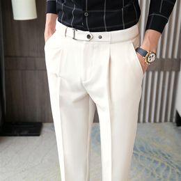 2022 Vintage Gentleman Elegant Dress Pants Mens Beige Slim Fit England Cropped Pants With Belt White Trousers Office Party Khaki2894