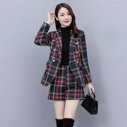 Women's Tracksuits Luxury Women Winter Autumn 2 Piece Set Tweed Plaid Coat Turn Down Collar Long Sleeve Double Breasted High Waist Short