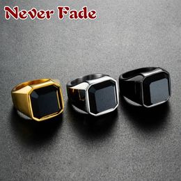 Cluster Rings Dignified Black Carnelian Stainless Steel Golden Square Signet Ring For Men Pinky Male Wealth And Rich Status Jewelr295B