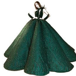 Luxurious Green Sequined Evening Dresses vestido de novia Sheer Long Sleeve Puffy Prom Gowns Beaded Special Occasion Dress