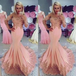 2018 Blush Mermaid Prom Dresses Long Sleeve Sweep Train Appliques Beaded Long Formal Evening Party Gowns Plus Size Vestidos De Fie290i