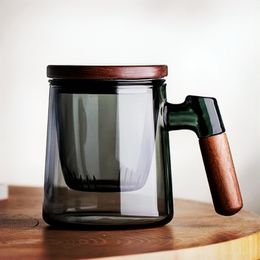 Tumblers 400ml Walnut Wooden Handle Lid Filter Glass Tea Cup Water Separation Scented Office Flower Mug 230729