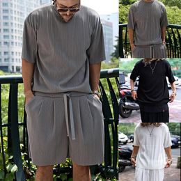 Men's Tracksuits 2023 Spring Summer Casual Fashion Men Suits Streetwear Solid Colour Ribbed Short Sleeve T Shirt and Shorts Two Piece Sets