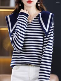 Women's Sweaters Sweater Navy Blue Collar Pullover Autumn And Winter Stripe Knitted Bottom Shirt