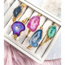 Strand Druzy Agate Slice Cuff Boho Bridesmaid Bracelet Jewelry Chunky Gold Wire Wrapped Colorful Pink BM37832