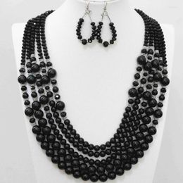 Necklace Earrings Set 5 Rows Black Baking Paint Glass Crystal Beads Wholesale Fashion Women Bride Jewekrt B983-10