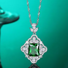 S925 Sterling Silver High Quality Square Emerald Zircon Rhombus Pendant Necklace Female Noble Clavicle Chain Temperament Jewellery